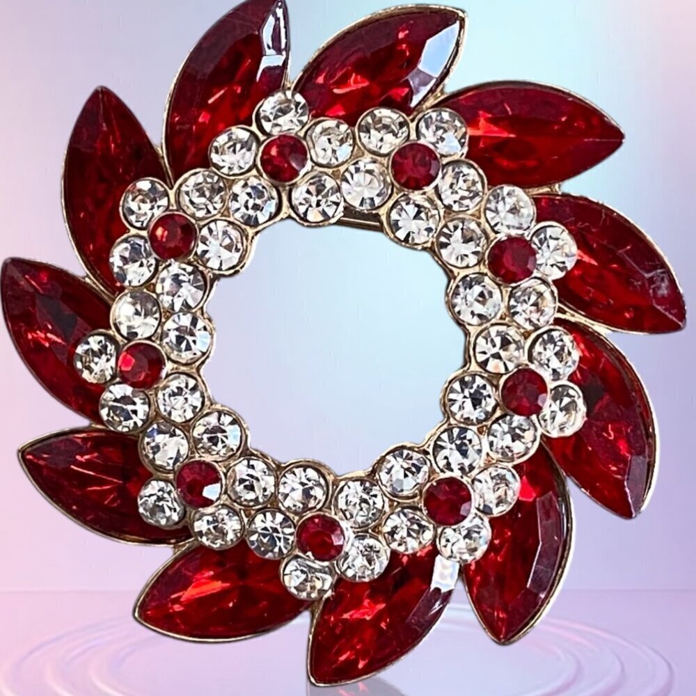 Ruby Red Rhinestone Crystal Flower Wreath Brooch​​​​​​​